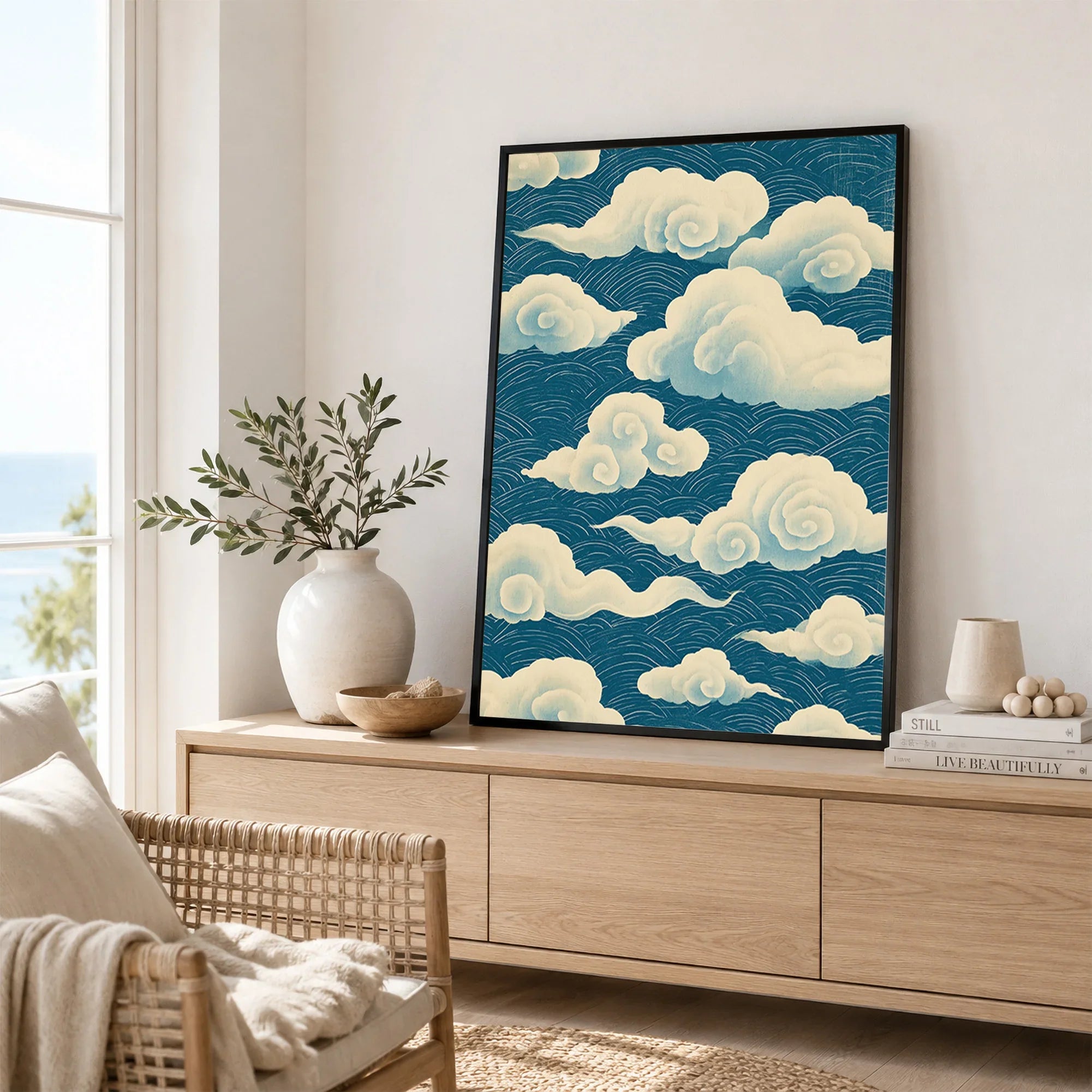 Japanese Cloud Pattern Art Print – Blue Vintage Wall Art — framed artwork living room lifestyle setting