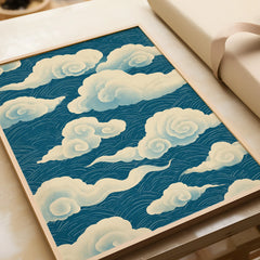Japanese Cloud Pattern Art Print – Blue Vintage Wall Art — framed art print closeup gift unwrapped natural frame
