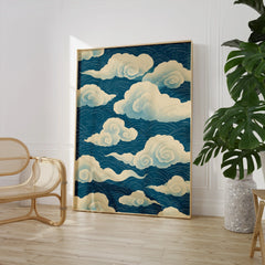 Japanese Cloud Pattern Art Print – Blue Vintage Wall Art — large framed print room setting chair plant
