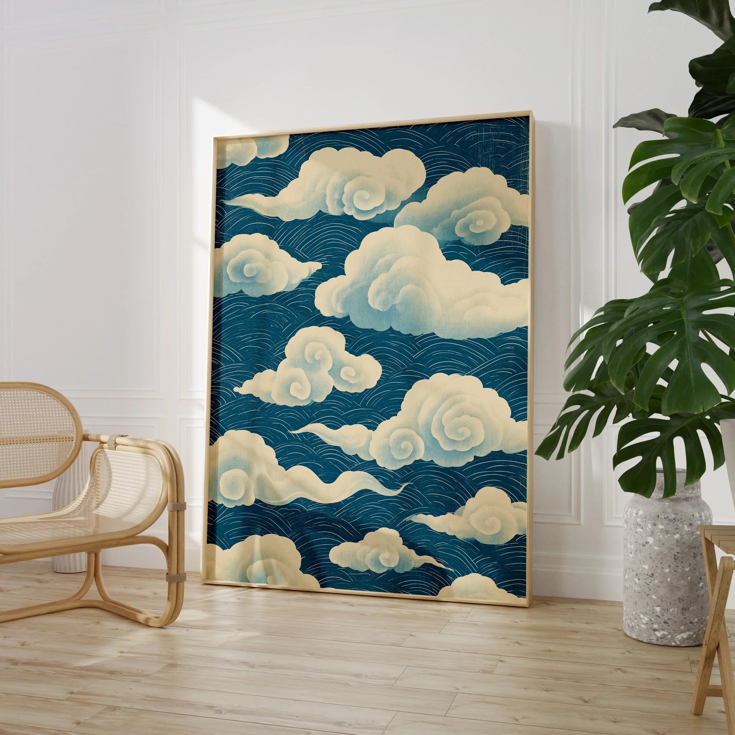 Japanese Cloud Pattern Art Print – Blue Vintage Wall Art — large framed print room setting chair plant