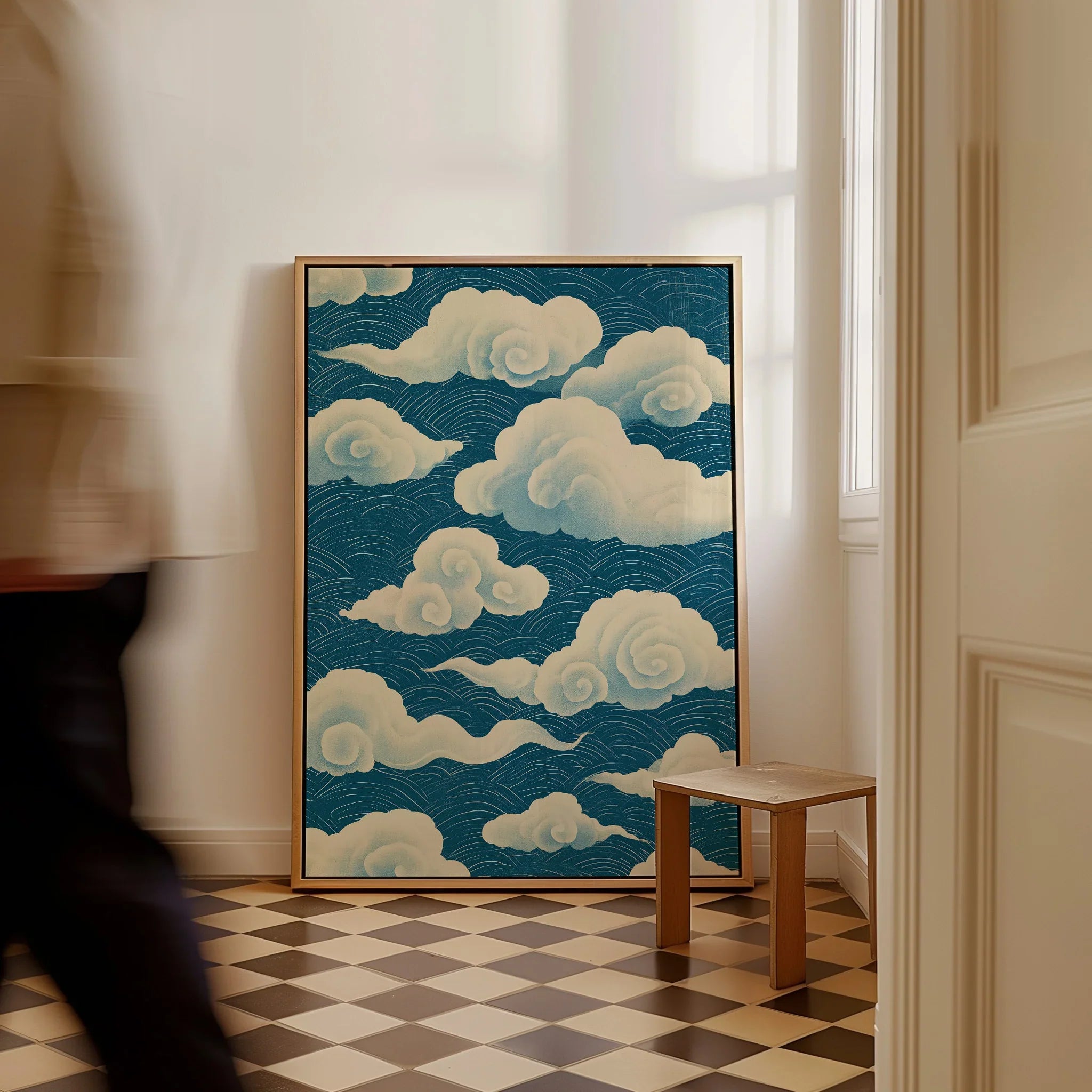 Japanese Cloud Pattern Art Print – Blue Vintage Wall Art — framed canvas on floor man walking past