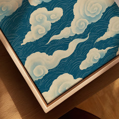 Japanese Cloud Pattern Art Print – Blue Vintage Wall Art — closeup framed canvas natural wood floating frame