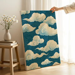 Japanese Cloud Pattern Art Print – Blue Vintage Wall Art — canvas print mirror edge hand holding room setting