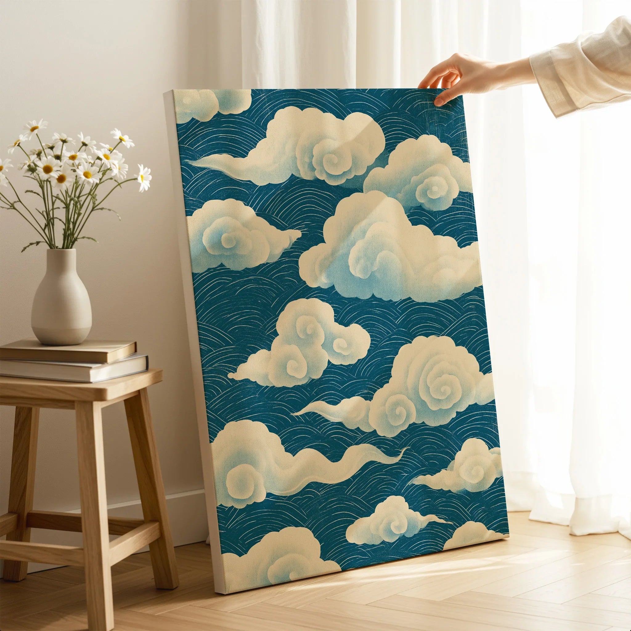 Japanese Cloud Pattern Art Print – Blue Vintage Wall Art — canvas print mirror edge hand holding room setting