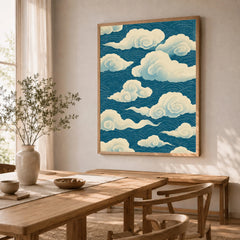 Japanese Cloud Pattern Art Print – Blue Vintage Wall Art — dining room framed print natural wood frame
