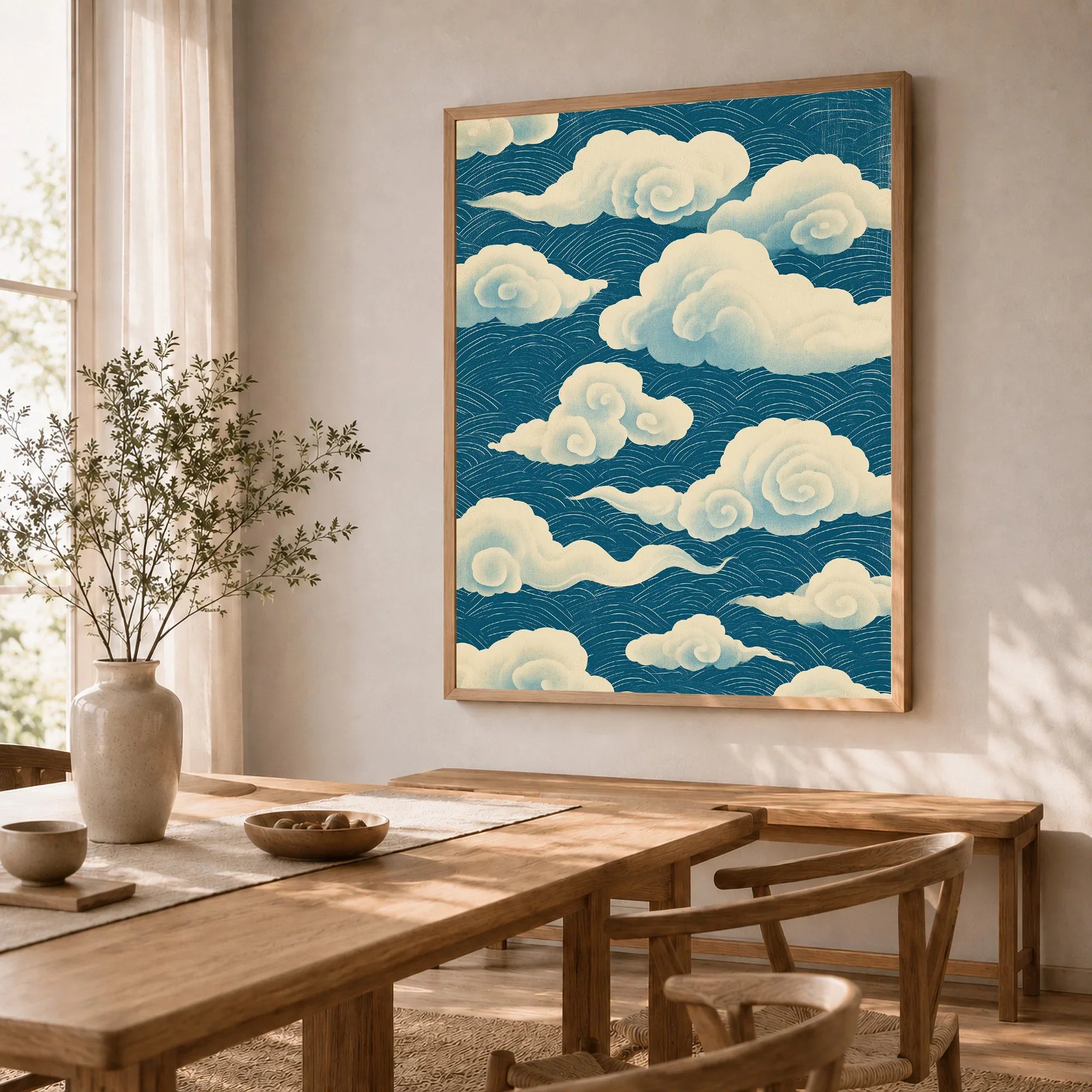 Japanese Cloud Pattern Art Print – Blue Vintage Wall Art — dining room framed print natural wood frame