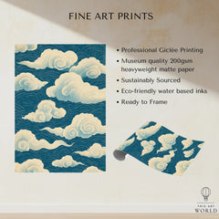 Japanese Cloud Pattern Art Print – Blue Vintage Wall Art — fine art print unframed quality details