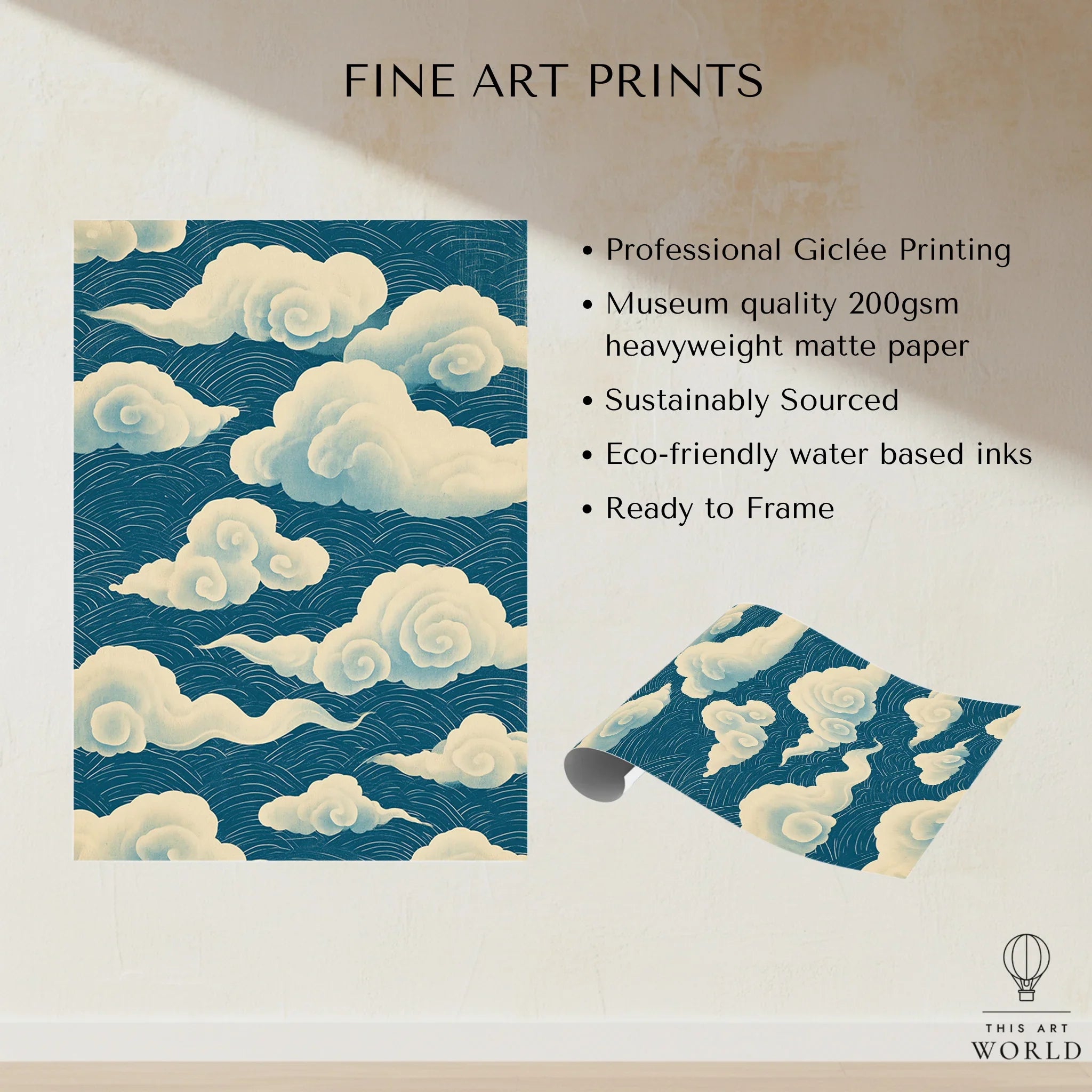 Japanese Cloud Pattern Art Print – Blue Vintage Wall Art — fine art print unframed quality details