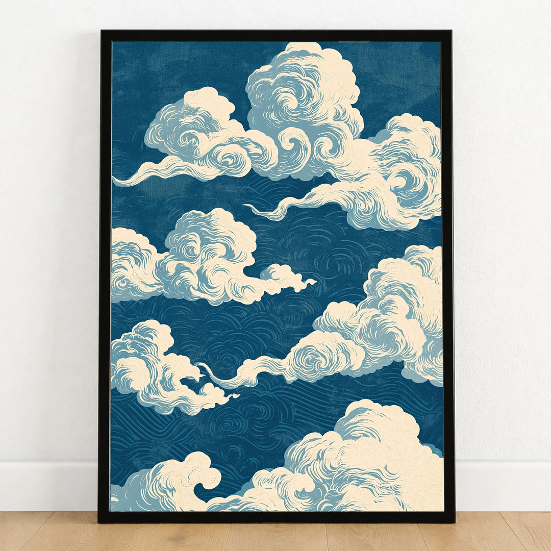 Blue Japanese Cloud Art Print – Vintage Japan Wall Art — art print in black frame on wooden floor