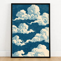 Blue Japanese Cloud Art Print – Vintage Japan Wall Art — art print in black frame on wooden floor