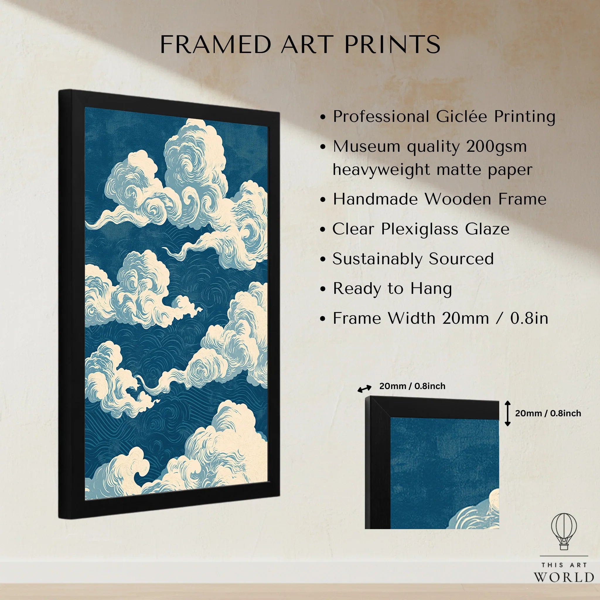 Blue Japanese Cloud Art Print – Vintage Japan Wall Art — framed print details measurements quality details