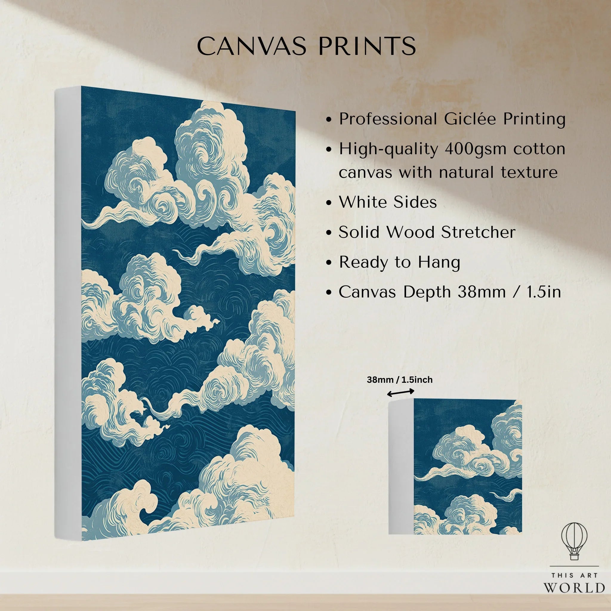 Blue Japanese Cloud Art Print – Vintage Japan Wall Art — canvas print stretched cotton canvas details