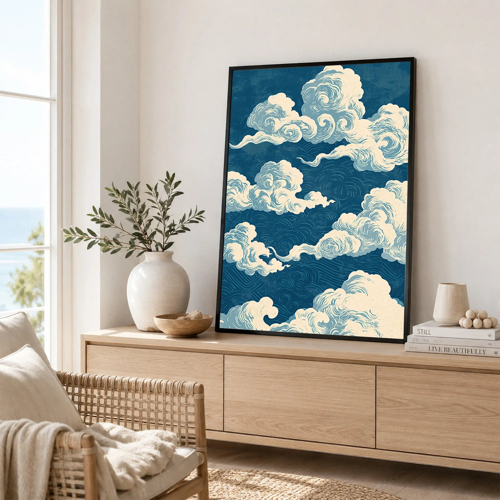Blue Japanese Cloud Art Print – Vintage Japan Wall Art — framed artwork living room lifestyle setting