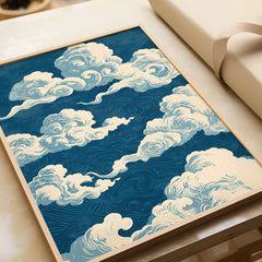 Blue Japanese Cloud Art Print – Vintage Japan Wall Art — framed art print closeup gift unwrapped natural frame