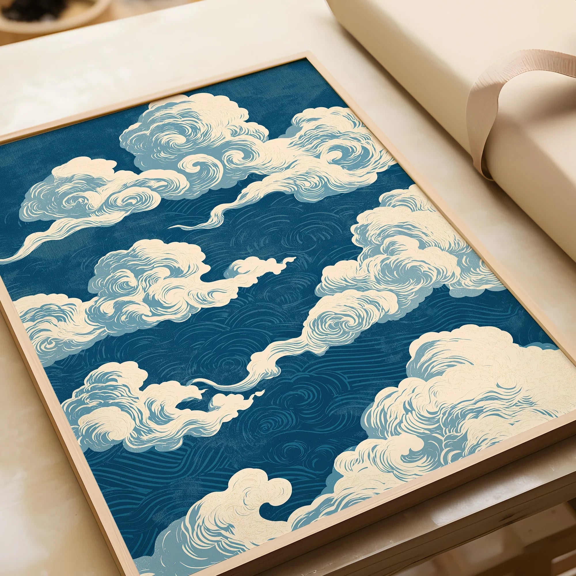 Blue Japanese Cloud Art Print – Vintage Japan Wall Art — framed art print closeup gift unwrapped natural frame