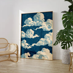 Blue Japanese Cloud Art Print – Vintage Japan Wall Art — large framed print room setting chair plant