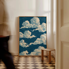 Blue Japanese Cloud Art Print – Vintage Japan Wall Art — framed canvas on floor man walking past