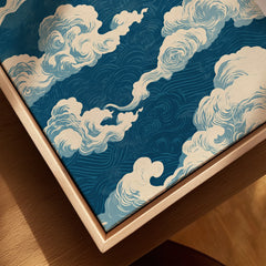 Blue Japanese Cloud Art Print – Vintage Japan Wall Art — closeup framed canvas natural wood floating frame