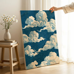Blue Japanese Cloud Art Print – Vintage Japan Wall Art — canvas print mirror edge hand holding room setting