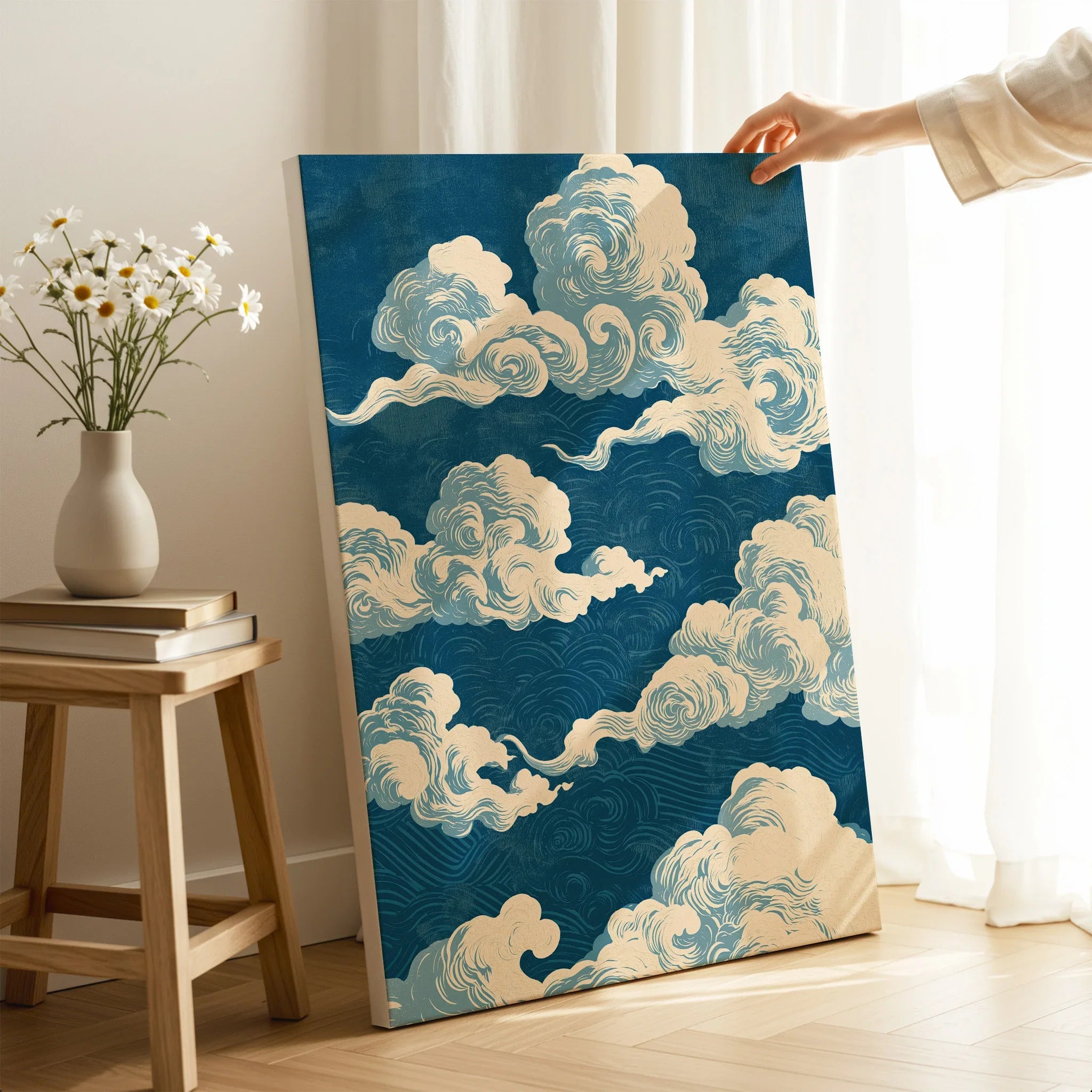 Blue Japanese Cloud Art Print – Vintage Japan Wall Art — canvas print mirror edge hand holding room setting