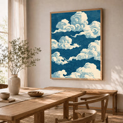 Blue Japanese Cloud Art Print – Vintage Japan Wall Art — dining room framed print natural wood frame