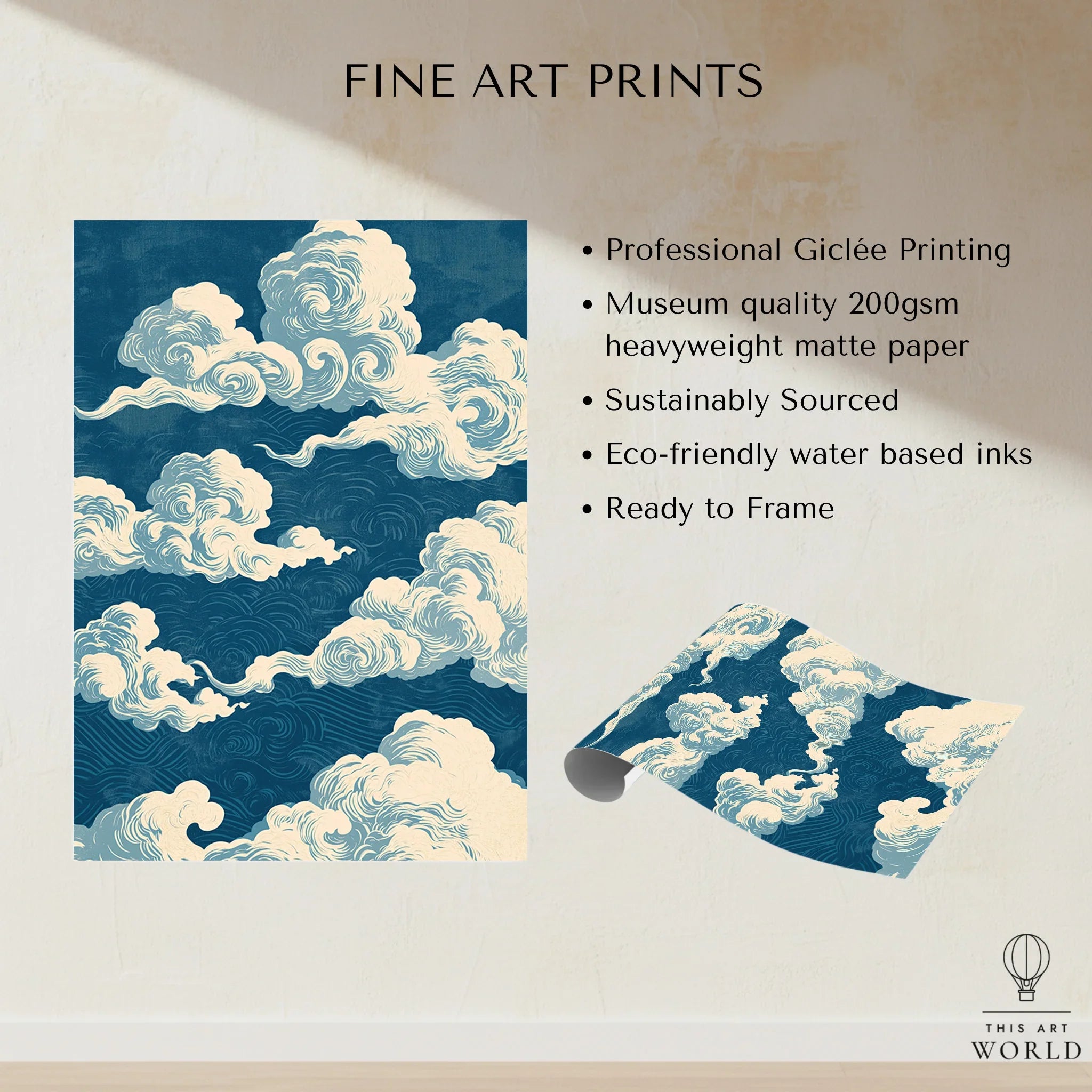 Blue Japanese Cloud Art Print – Vintage Japan Wall Art — fine art print unframed quality details