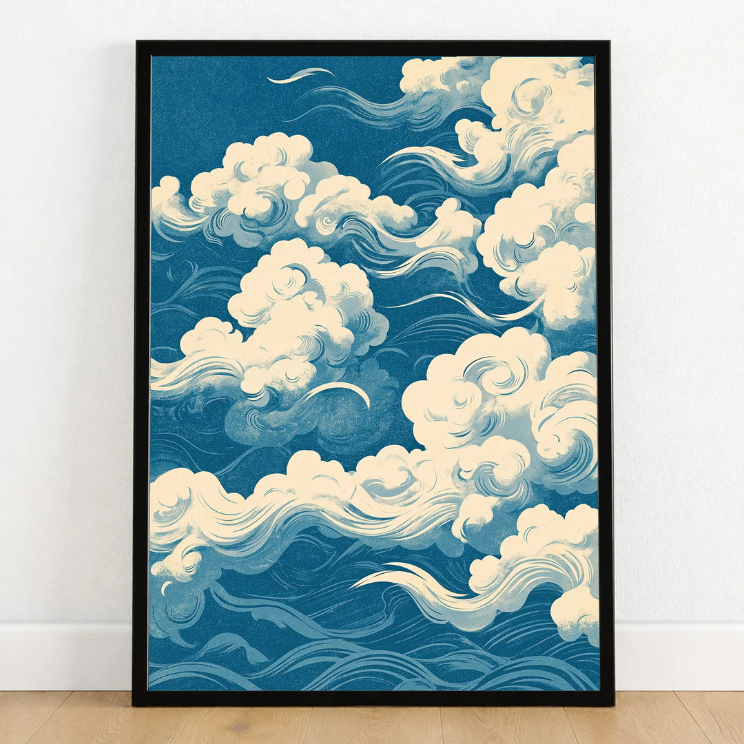 Japanese Sky Art Print – Vintage Cloud Wall Art — art print in black frame on wooden floor
