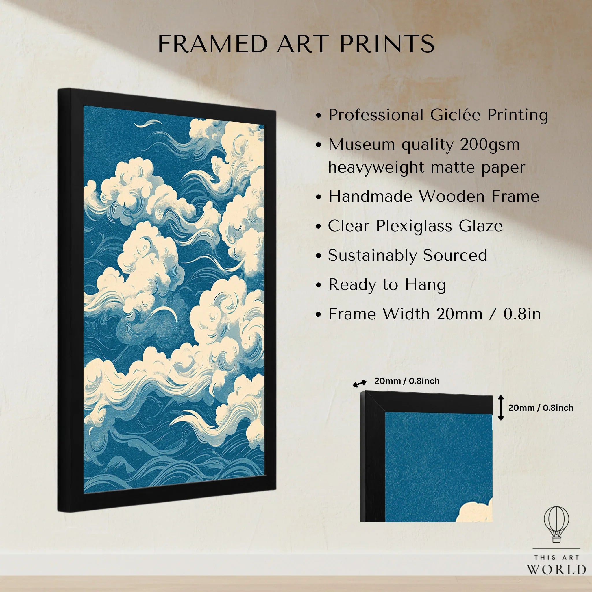 Japanese Sky Art Print – Vintage Cloud Wall Art — framed print details measurements quality details