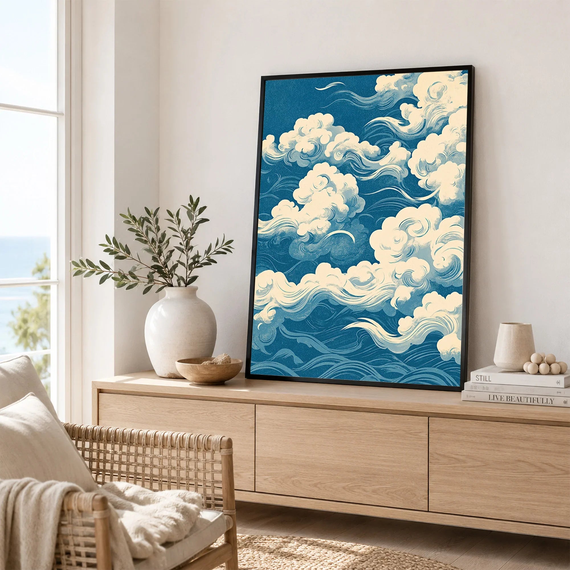 Japanese Sky Art Print – Vintage Cloud Wall Art — framed artwork living room lifestyle setting