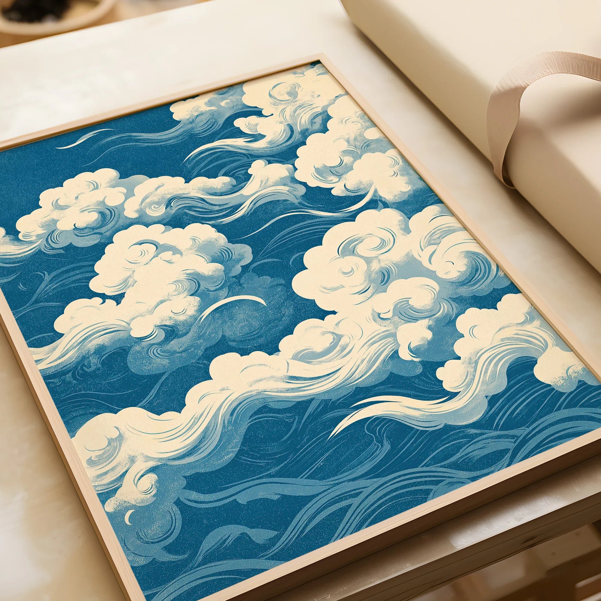 Japanese Sky Art Print – Vintage Cloud Wall Art — framed art print closeup gift unwrapped natural frame