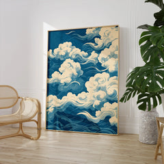Japanese Sky Art Print – Vintage Cloud Wall Art — large framed print room setting chair plant