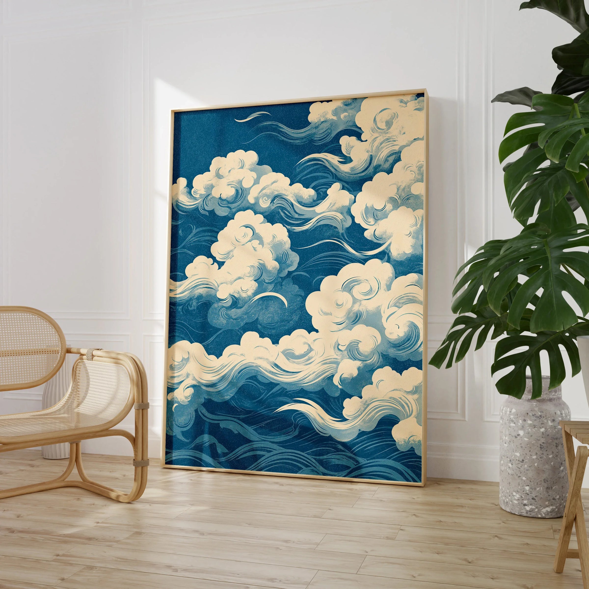 Japanese Sky Art Print – Vintage Cloud Wall Art — large framed print room setting chair plant