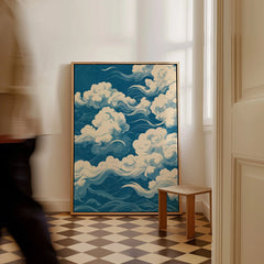 Japanese Sky Art Print – Vintage Cloud Wall Art — framed canvas on floor man walking past