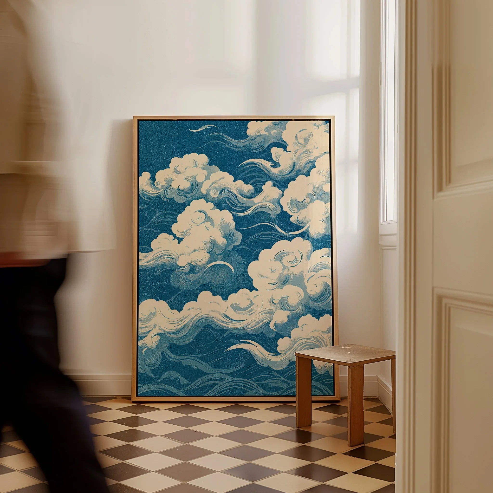 Japanese Sky Art Print – Vintage Cloud Wall Art — framed canvas on floor man walking past