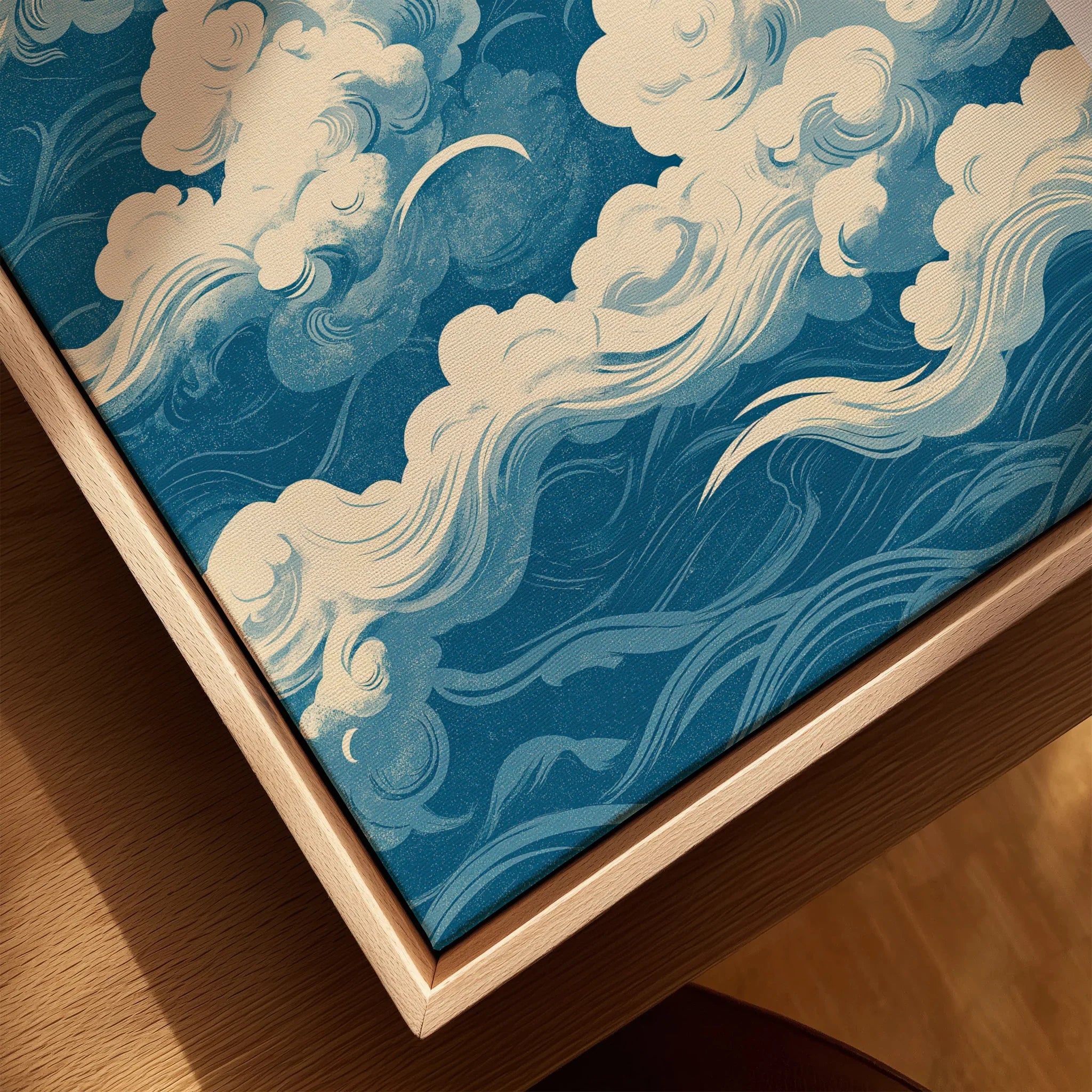 Japanese Sky Art Print – Vintage Cloud Wall Art — closeup framed canvas natural wood floating frame