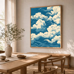 Japanese Sky Art Print – Vintage Cloud Wall Art — dining room framed print natural wood frame