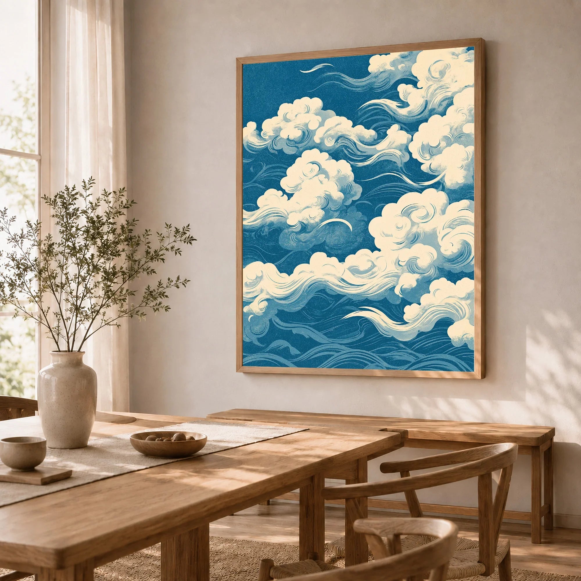 Japanese Sky Art Print – Vintage Cloud Wall Art — dining room framed print natural wood frame