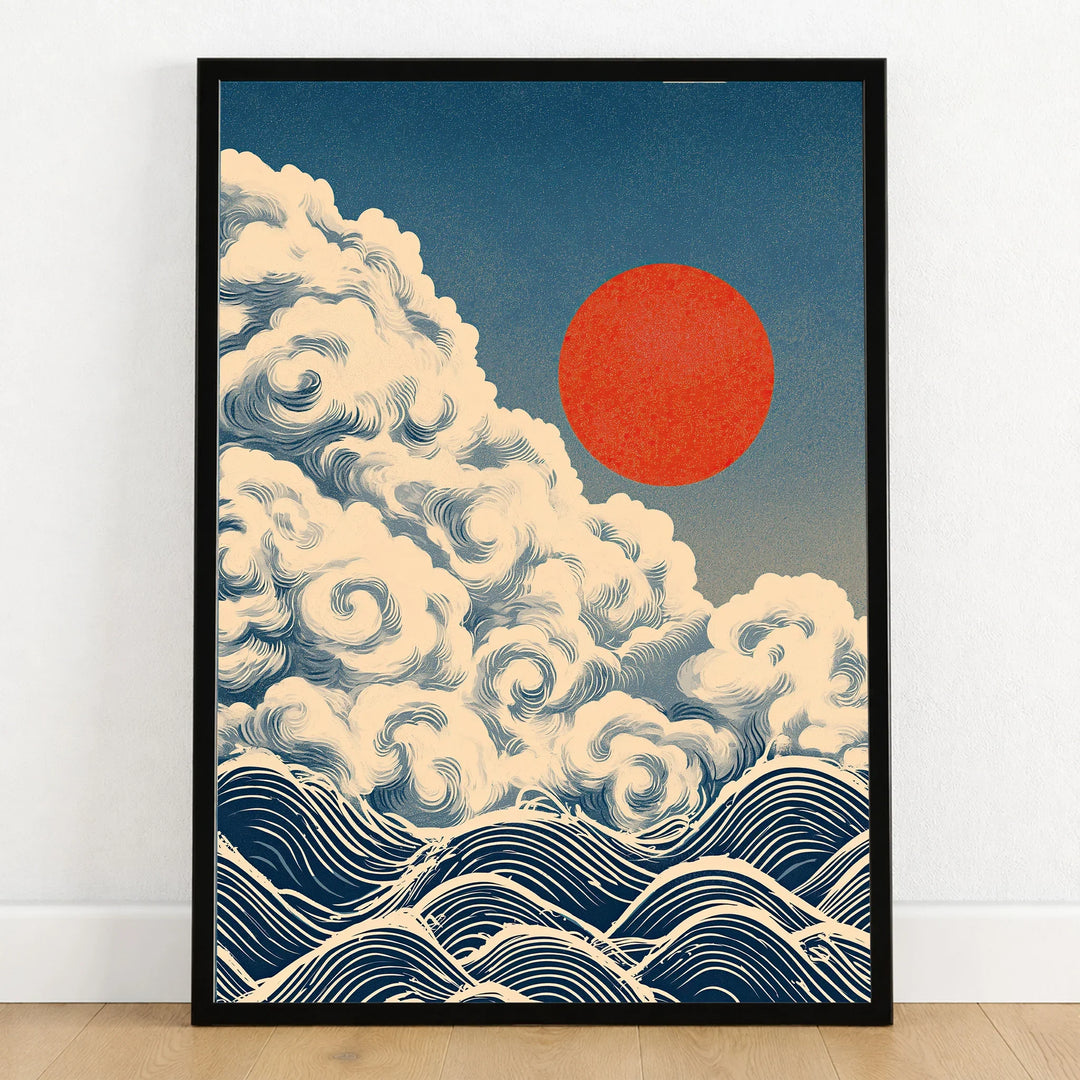 Japanese Cloud & Wave Art Print – Vintage Wall Art — art print in black frame on wooden floor