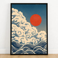 Japanese Cloud & Wave Art Print – Vintage Wall Art — art print in black frame on wooden floor