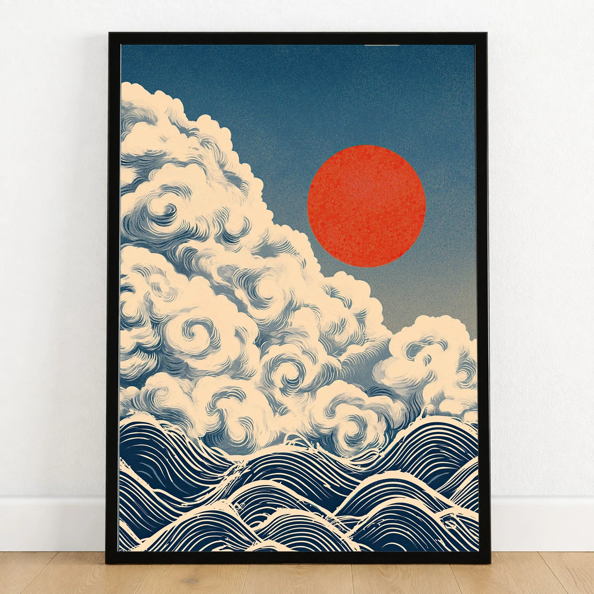 Japanese Cloud & Wave Art Print – Vintage Wall Art — art print in black frame on wooden floor