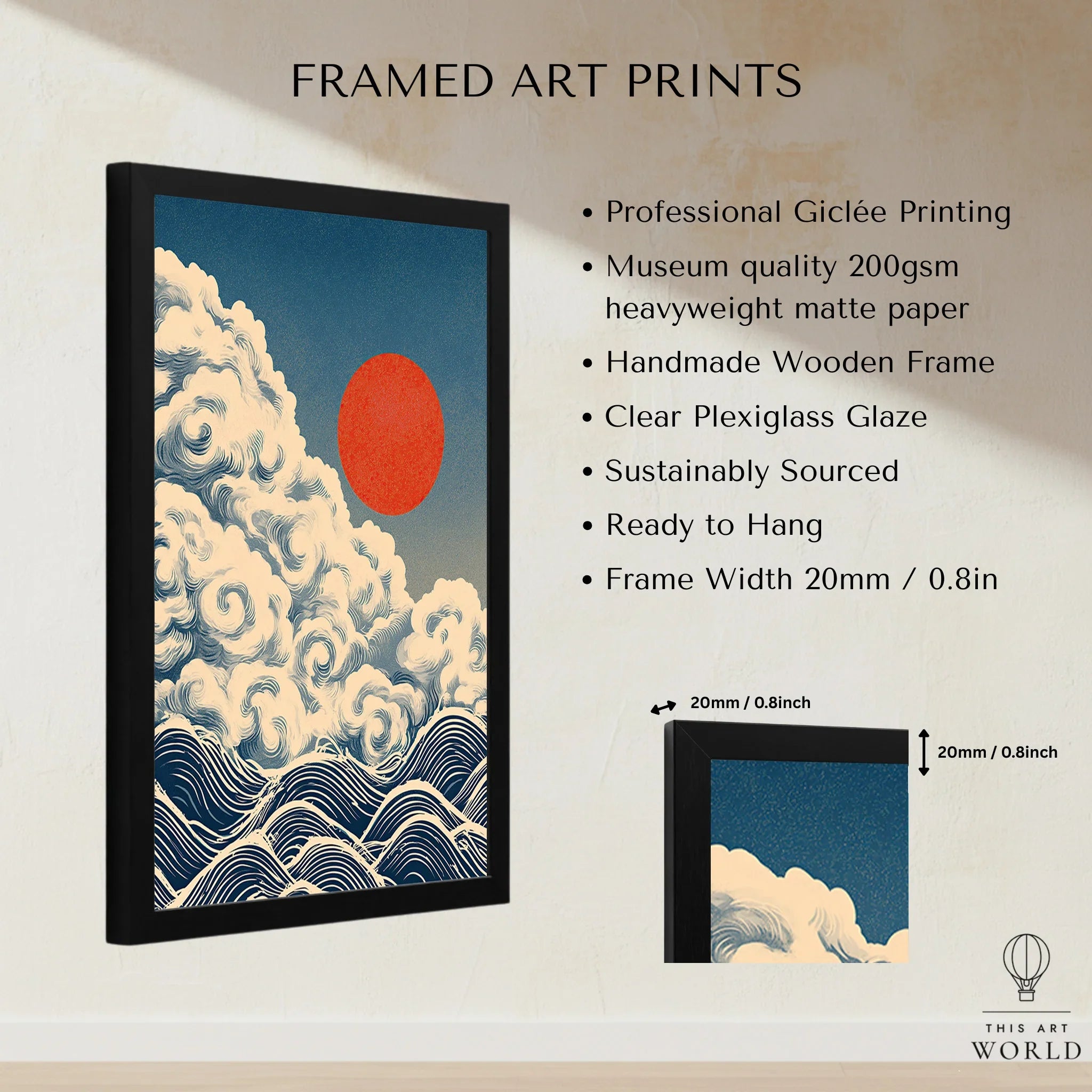 Japanese Cloud & Wave Art Print – Vintage Wall Art — framed print details measurements quality details