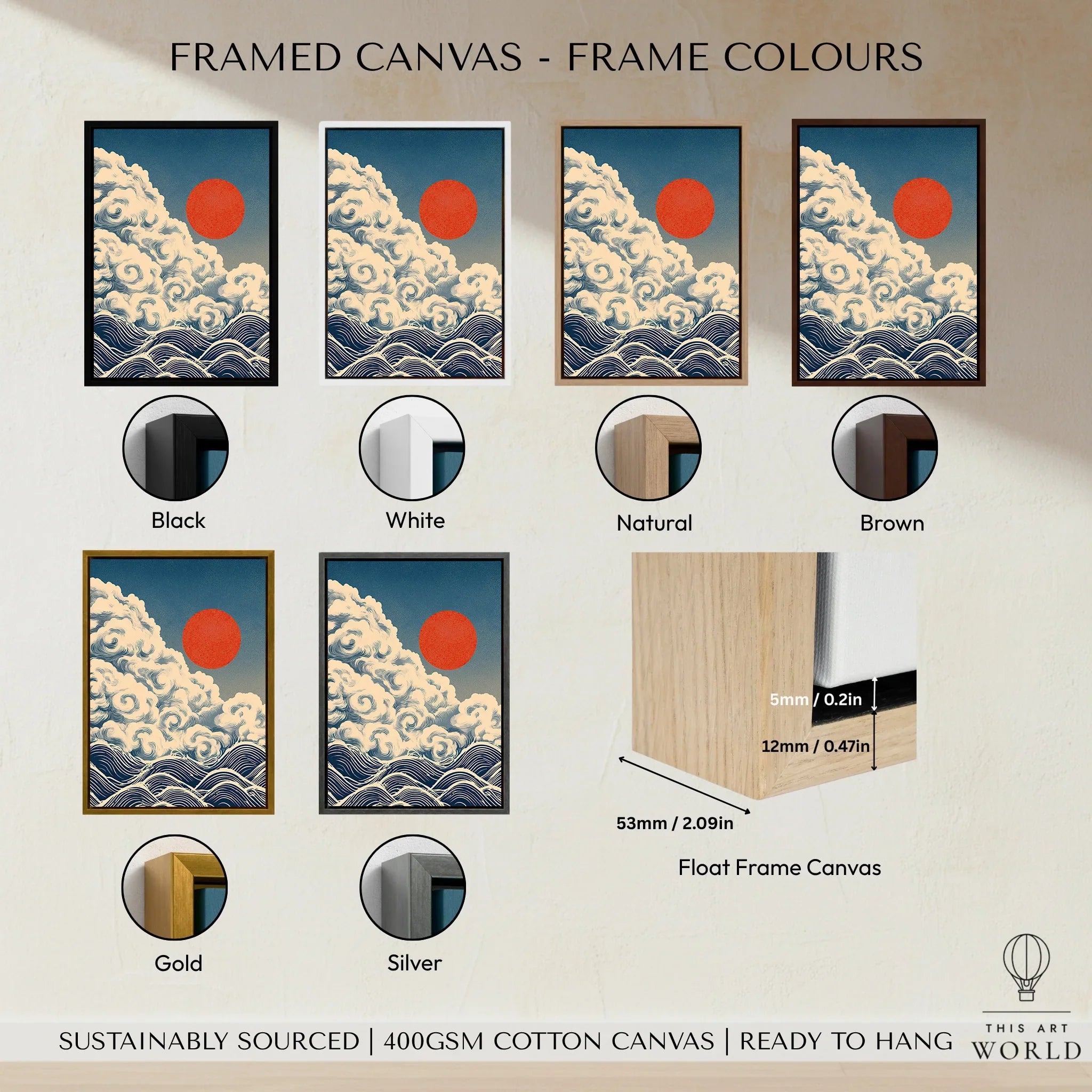 Japanese Cloud & Wave Art Print – Vintage Wall Art — framed canvas float frame colour options