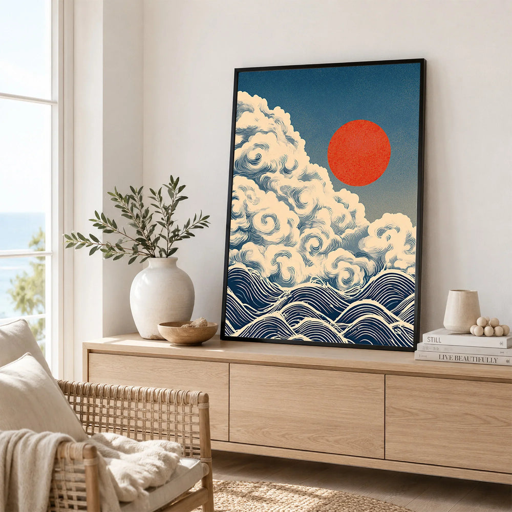 Japanese Cloud & Wave Art Print – Vintage Wall Art — framed artwork living room lifestyle setting