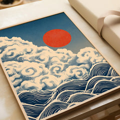 Japanese Cloud & Wave Art Print – Vintage Wall Art — framed art print closeup gift unwrapped natural frame