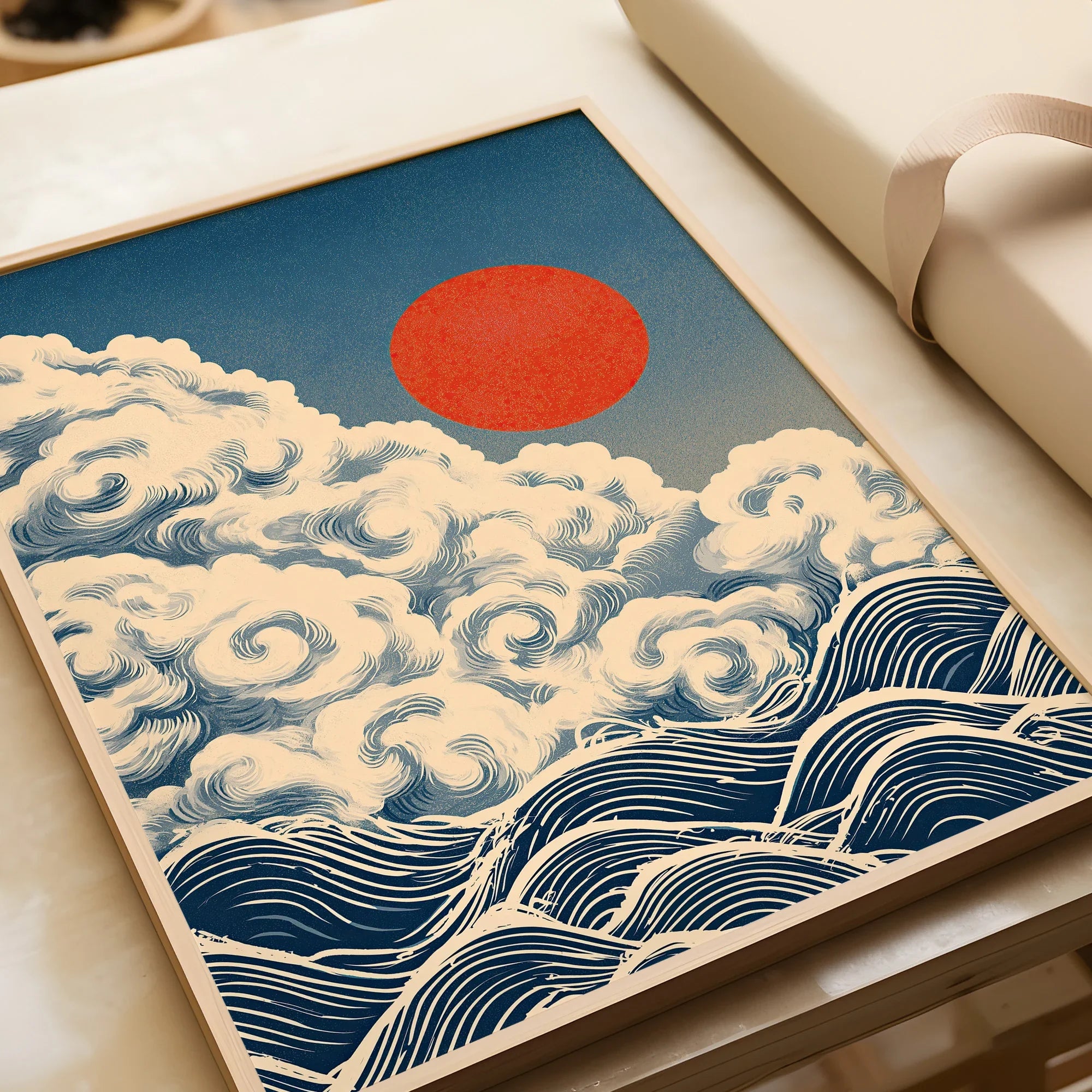 Japanese Cloud & Wave Art Print – Vintage Wall Art — framed art print closeup gift unwrapped natural frame