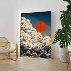 Japanese Cloud & Wave Art Print – Vintage Wall Art — large framed print room setting chair plant