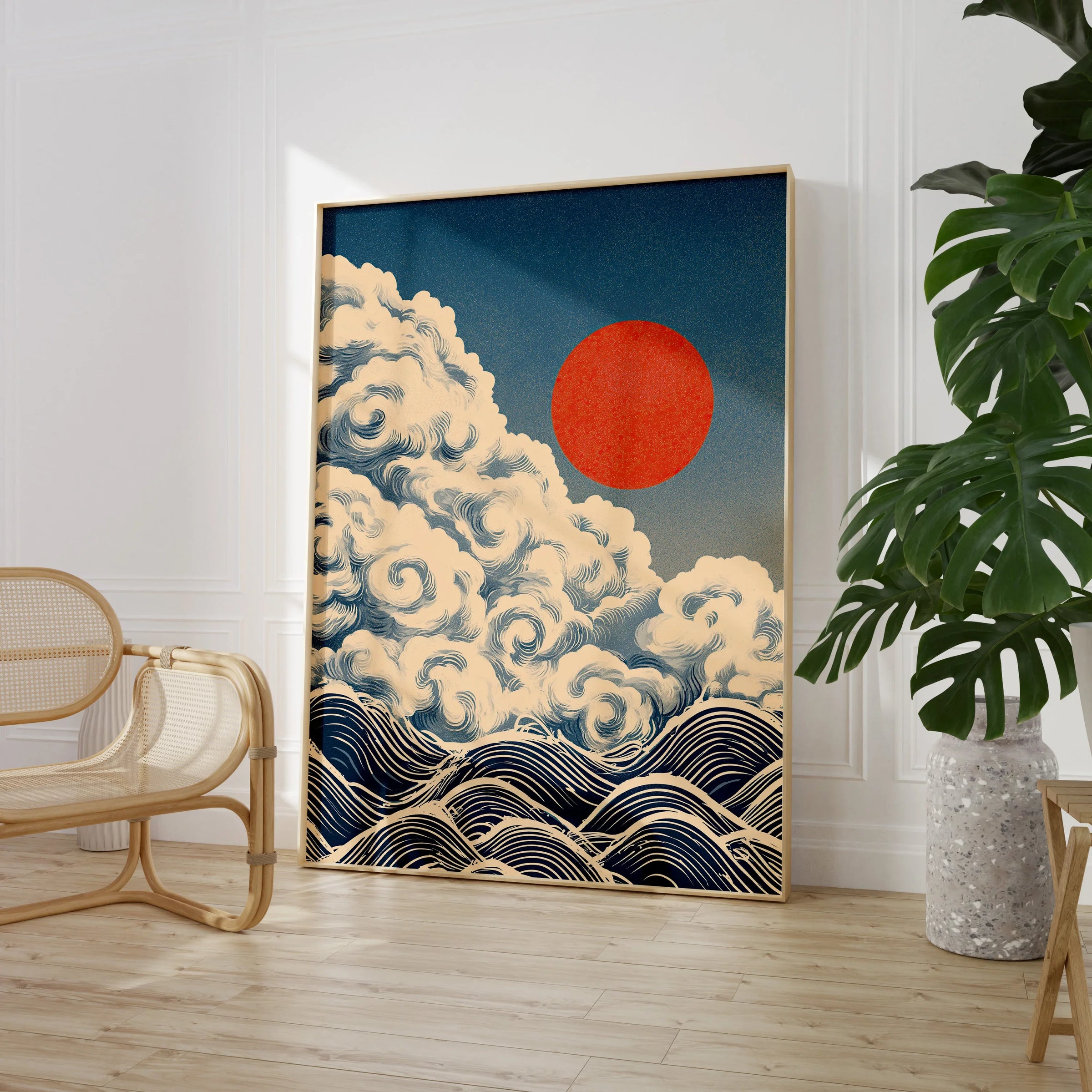 Japanese Cloud & Wave Art Print – Vintage Wall Art — large framed print room setting chair plant