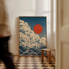 Japanese Cloud & Wave Art Print – Vintage Wall Art — framed canvas on floor man walking past