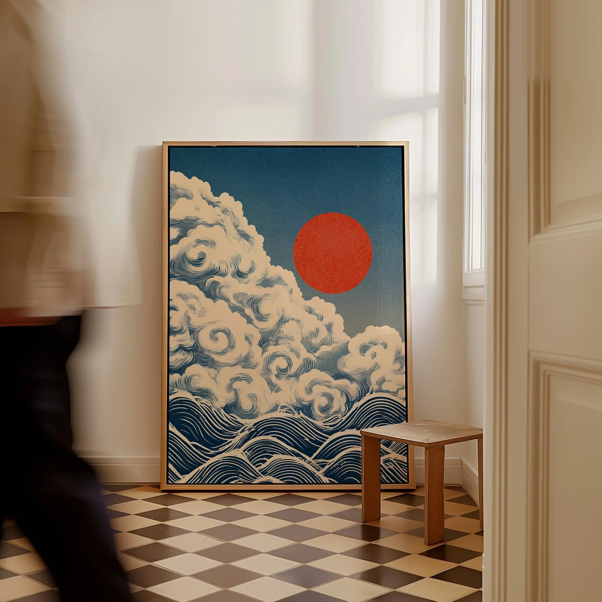 Japanese Cloud & Wave Art Print – Vintage Wall Art — framed canvas on floor man walking past