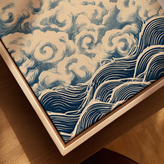Japanese Cloud & Wave Art Print – Vintage Wall Art — closeup framed canvas natural wood floating frame